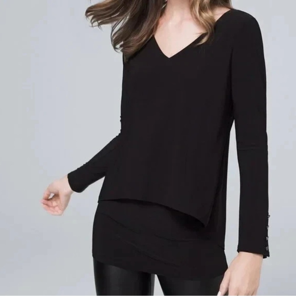 White House Black Market Black Long Sleeve Double Layer V-NeckTunic,‎ Size S